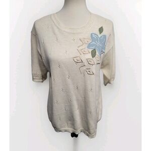 Vintage The Villager Biege Eyelet Embroidered Lg Womens Sweater Grannycore